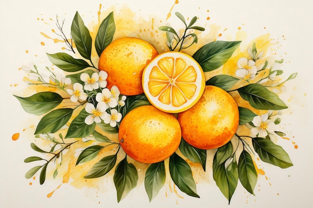 Pintura en acuarela de la fruta de la clementina