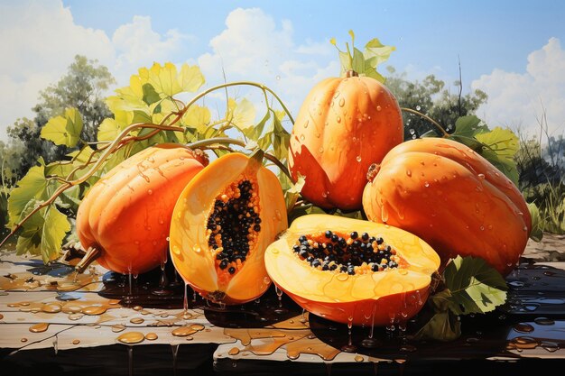 Pintura en acuarela de la fruta de la papaya