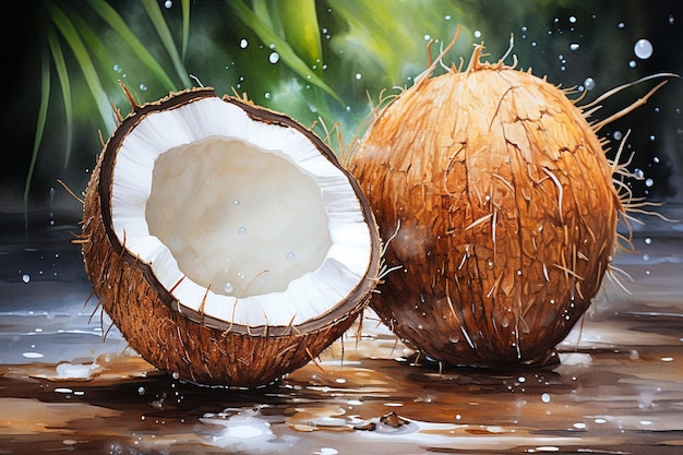 Pintura en acuarela de frutas de coco