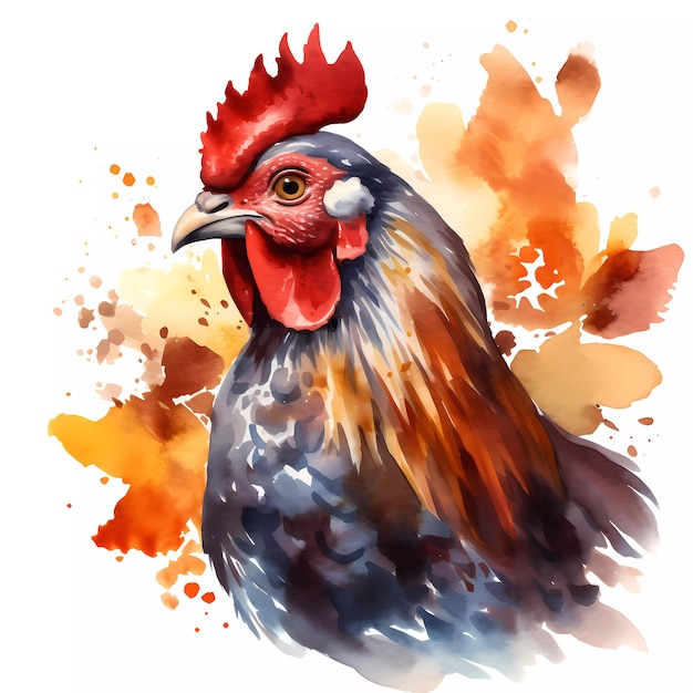 Una pintura de acuarela de un gallo con hojas.