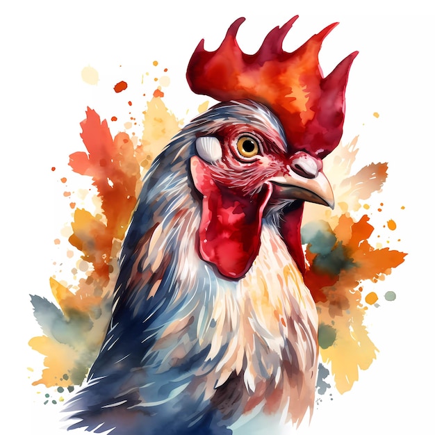 Una pintura de acuarela de un gallo con hojas.