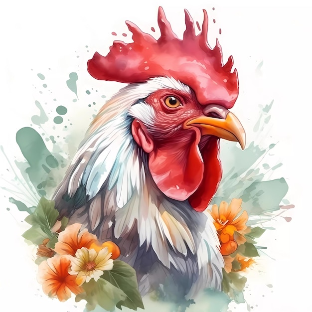 Una pintura de acuarela de un gallo con hojas.