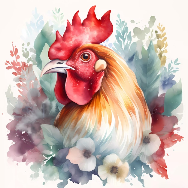 Una pintura de acuarela de un gallo con hojas.