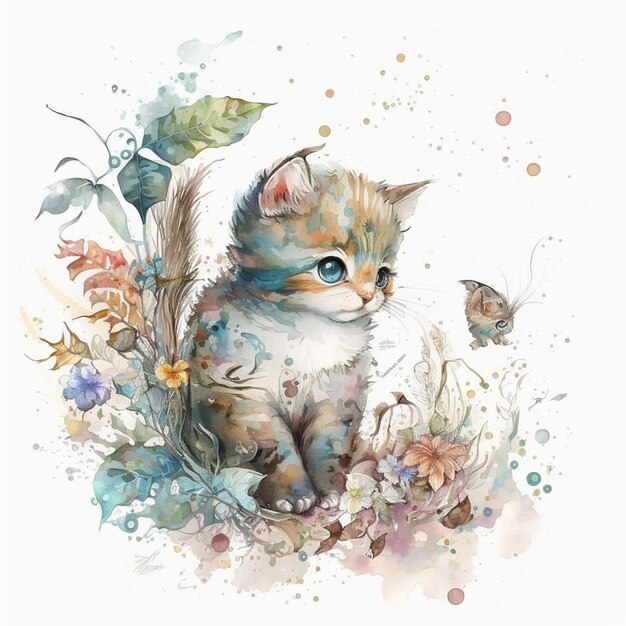 Una pintura de acuarela de un gatito y una mariposa.