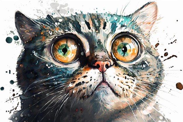 Una pintura de acuarela de un gato atigrado gris con ojos amarillos.