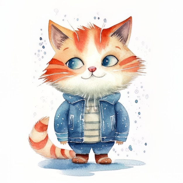 Una pintura de acuarela de un gato con chaqueta y ojos azules.