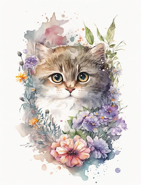 Una pintura de acuarela de un gato con un fondo de flores.