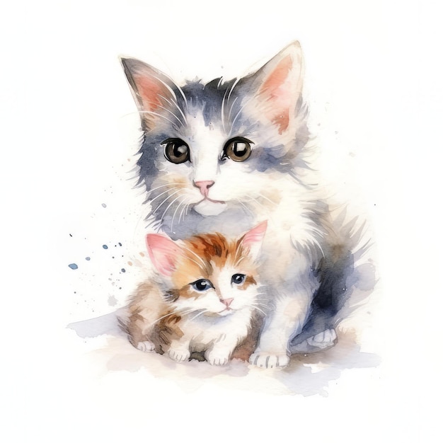 Una pintura de acuarela de un gato y un gatito.