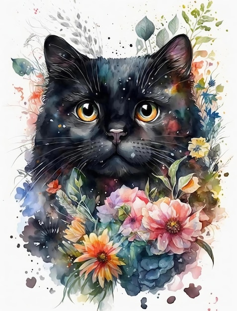 Una pintura de acuarela de un gato negro con flores.