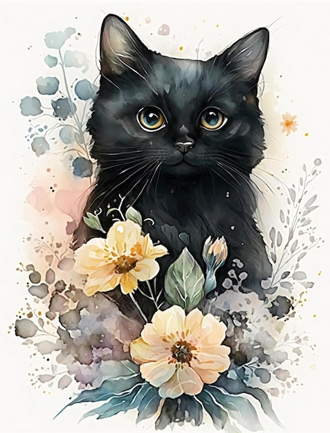 Una pintura de acuarela de un gato negro con ojos amarillos.