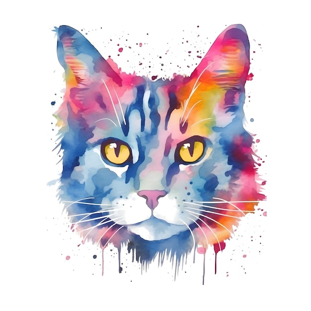 Una pintura de acuarela de un gato con ojos azules y amarillos.