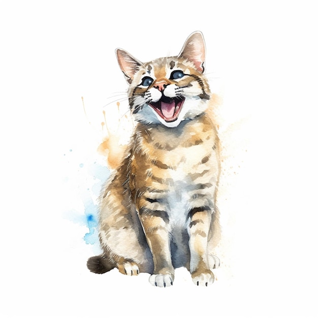 Una pintura de acuarela de un gato con ojos azules y una gran sonrisa.