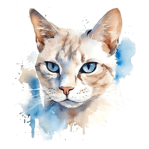 Foto una pintura de acuarela de un gato con ojos azules.