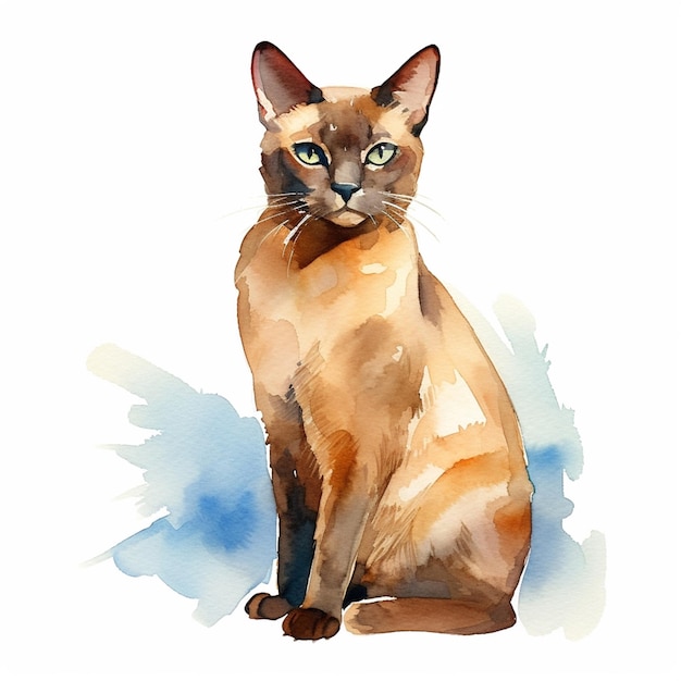 Una pintura de acuarela de un gato con ojos verdes.