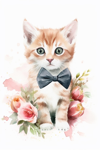 Una pintura de acuarela de un gato con una pajarita.