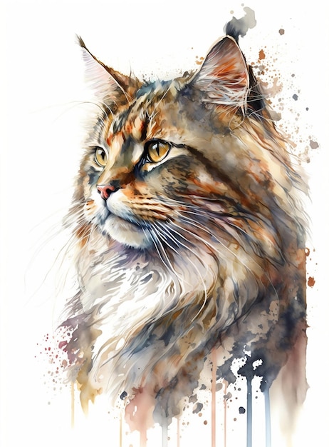 Pintura acuarela de un gato con pelaje marrón y blanco.