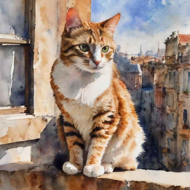 Una pintura de acuarela de un gato posado en una repisa.