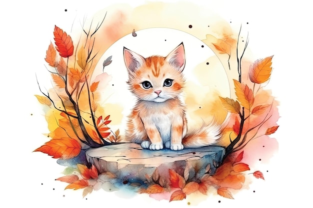 Una pintura de acuarela de un gato en una roca con hojas de otoño.