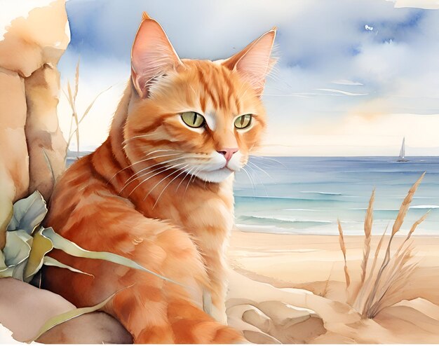 Pintura en acuarela de un gato rojo en una playa