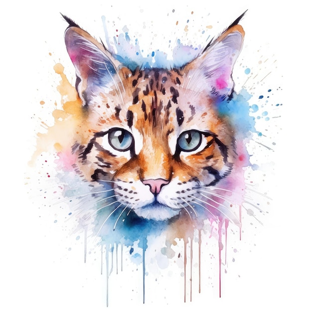 Pintura en acuarela de un gato salvaje con fondo blanco