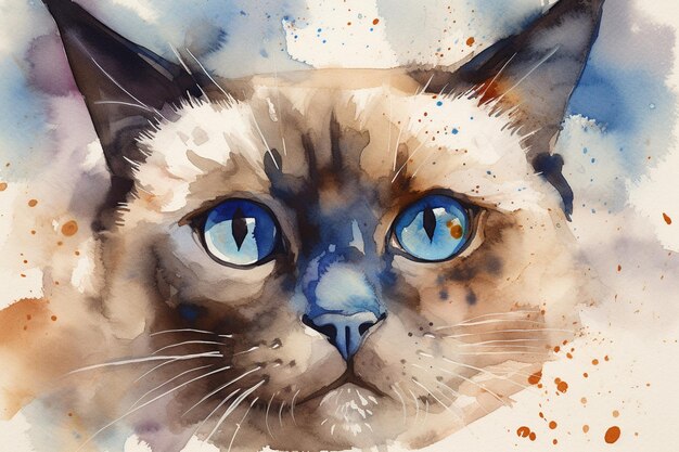 Una pintura de acuarela de un gato siamés con ojos azules.