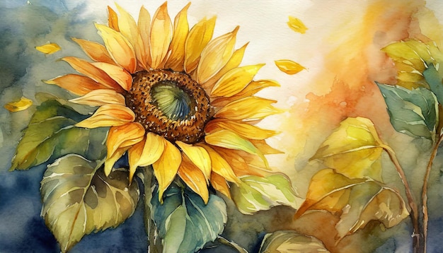 Pintura en acuarela de girasol arte botánico dibujado a mano hermosa composición floral