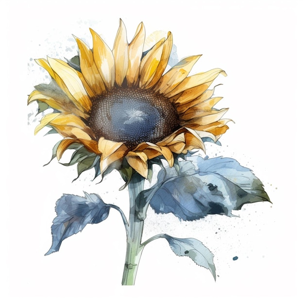 Una pintura de acuarela de un girasol con hojas azules y la palabra "sobre ella"