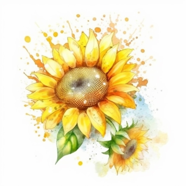 Pintura acuarela de un girasol con sprays y sprays.