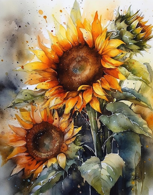 Una pintura de acuarela de un girasol.