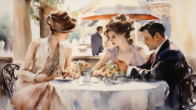 Pintura de acuarela glamorosa de una pareja disfrutando de un café al aire libre