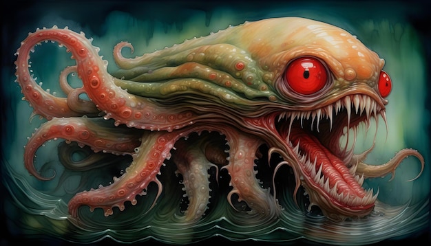 Una pintura en acuarela de una grotesca criatura de Venus que emerge de un lago oscuro y turbio