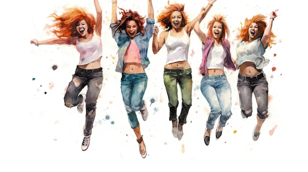 Pintura de acuarela de un grupo de niñas adultas estilo feliz y emocionado de diseño de sitio web fondo blanco lindo nacionalidad mixta tecnología de IA generativa