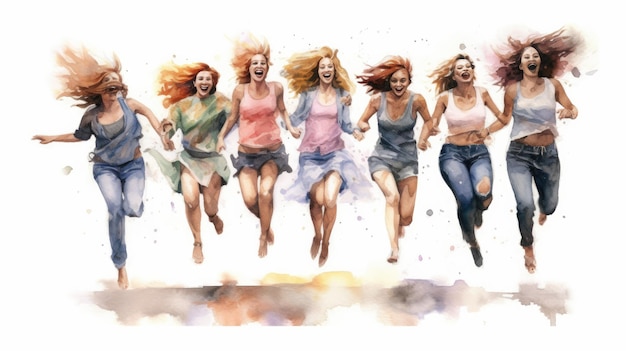 Pintura de acuarela de un grupo de niñas adultas estilo feliz y emocionado de diseño de sitio web fondo blanco lindo nacionalidad mixta tecnología de IA generativa