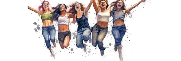 Pintura de acuarela de un grupo de niñas adultas estilo feliz y emocionado de diseño de sitio web fondo blanco lindo nacionalidad mixta tecnología de IA generativa