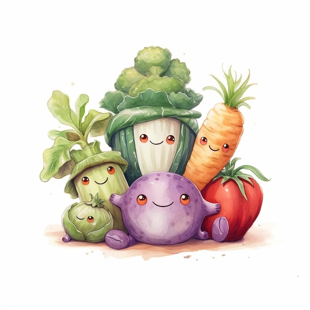 Una pintura de acuarela de un grupo de vegetales que incluyen brócoli, zanahorias y repollo.