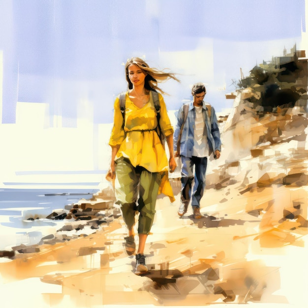Pintura de acuarela de Guy Jones de una niña y un niño caminando con ropa amarilla tomados de la mano