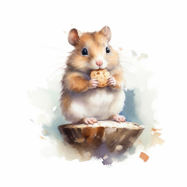 Foto una pintura de acuarela de un hámster comiendo una galleta