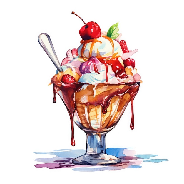 Una pintura de acuarela de un helado con una cuchara.