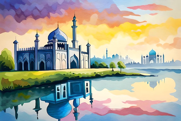 Una pintura de acuarela de una hermosa mezquita.