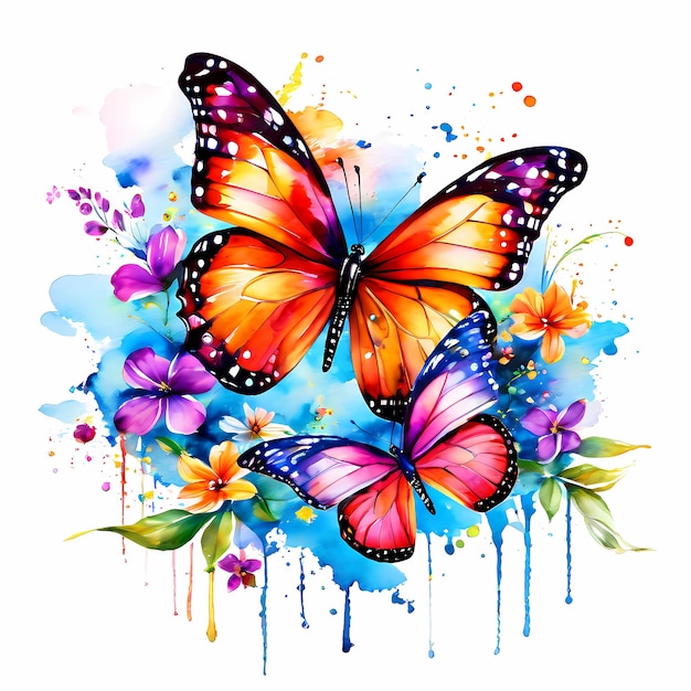 Pintura en acuarela de hermosas mariposas y flores de colores Ilustración