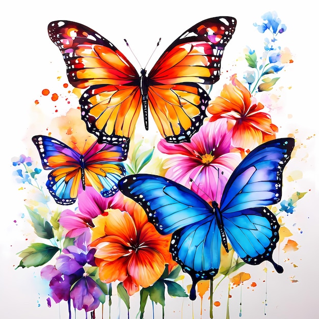 Pintura en acuarela de hermosas mariposas y flores de colores Ilustración