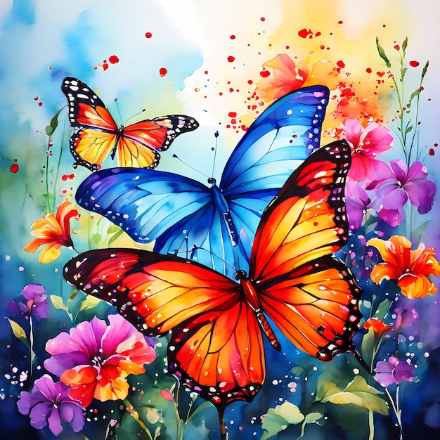 Pintura en acuarela de hermosas mariposas y flores de colores Ilustración