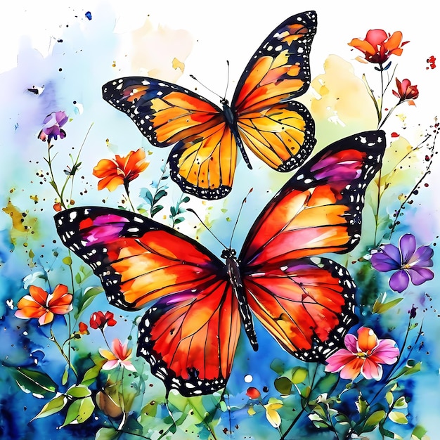 Pintura en acuarela de hermosas mariposas y flores de colores Ilustración