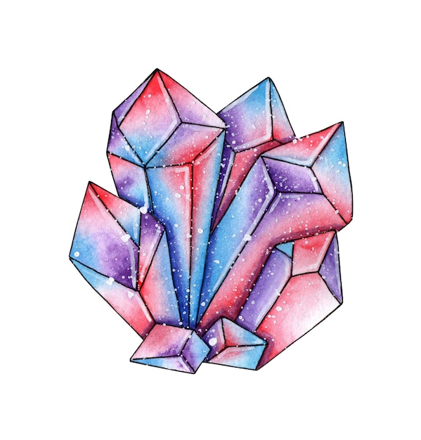 Pintura de acuarela hermoso cristal de cuarzo rojo azul violeta Gemas fabulosas Cuarzo ahumado