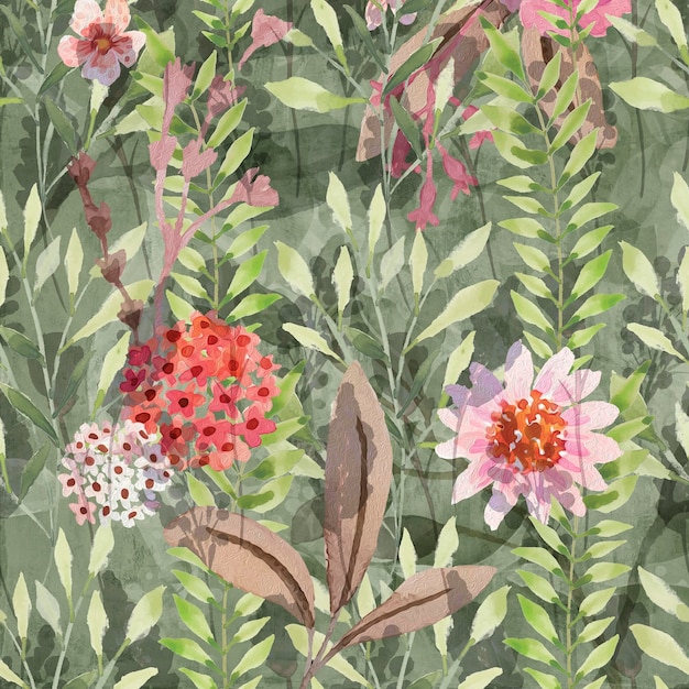 Pintura en acuarela de hojas y flores con fondo de patrón sin costuras