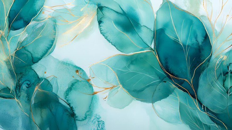 Pintura en acuarela de hojas de teal con venas doradas