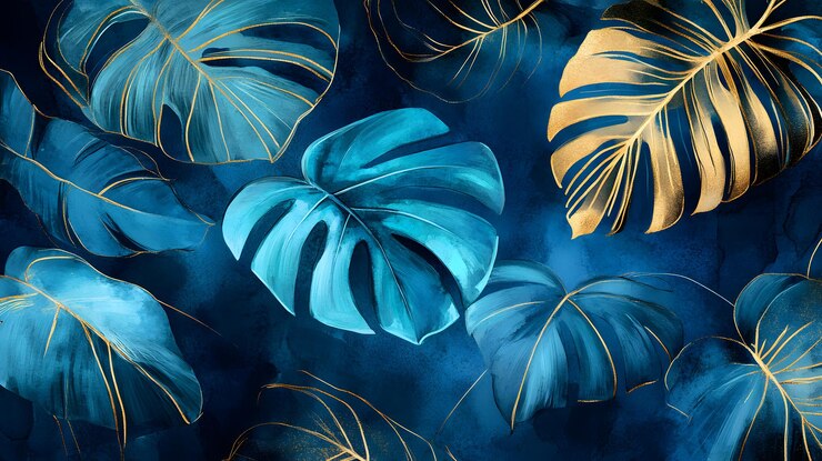 Pintura en acuarela de hojas tropicales azules y doradas