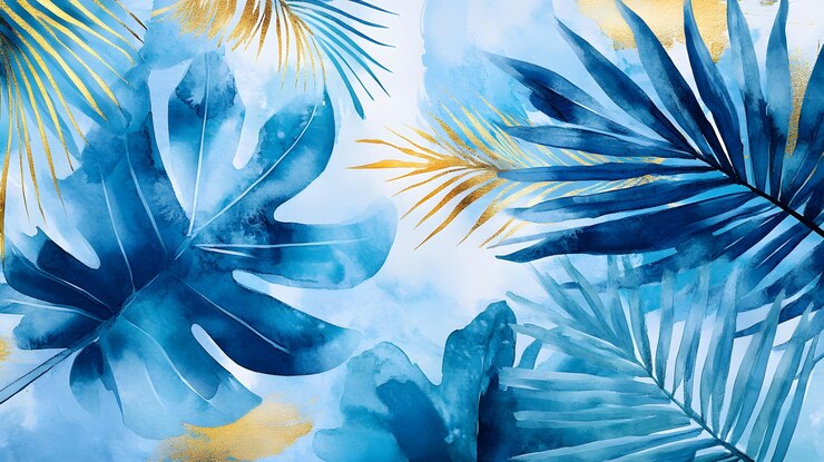 Pintura en acuarela de hojas tropicales azules y doradas
