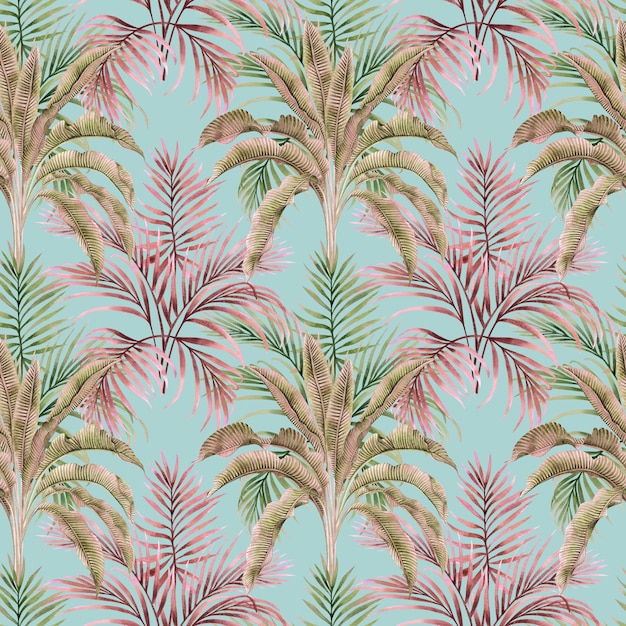 Pintura en acuarela de hojas tropicales coloridas con un patrón sin costuras