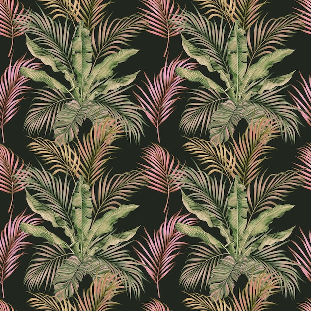 Pintura en acuarela de hojas tropicales coloridas con un patrón sin costuras